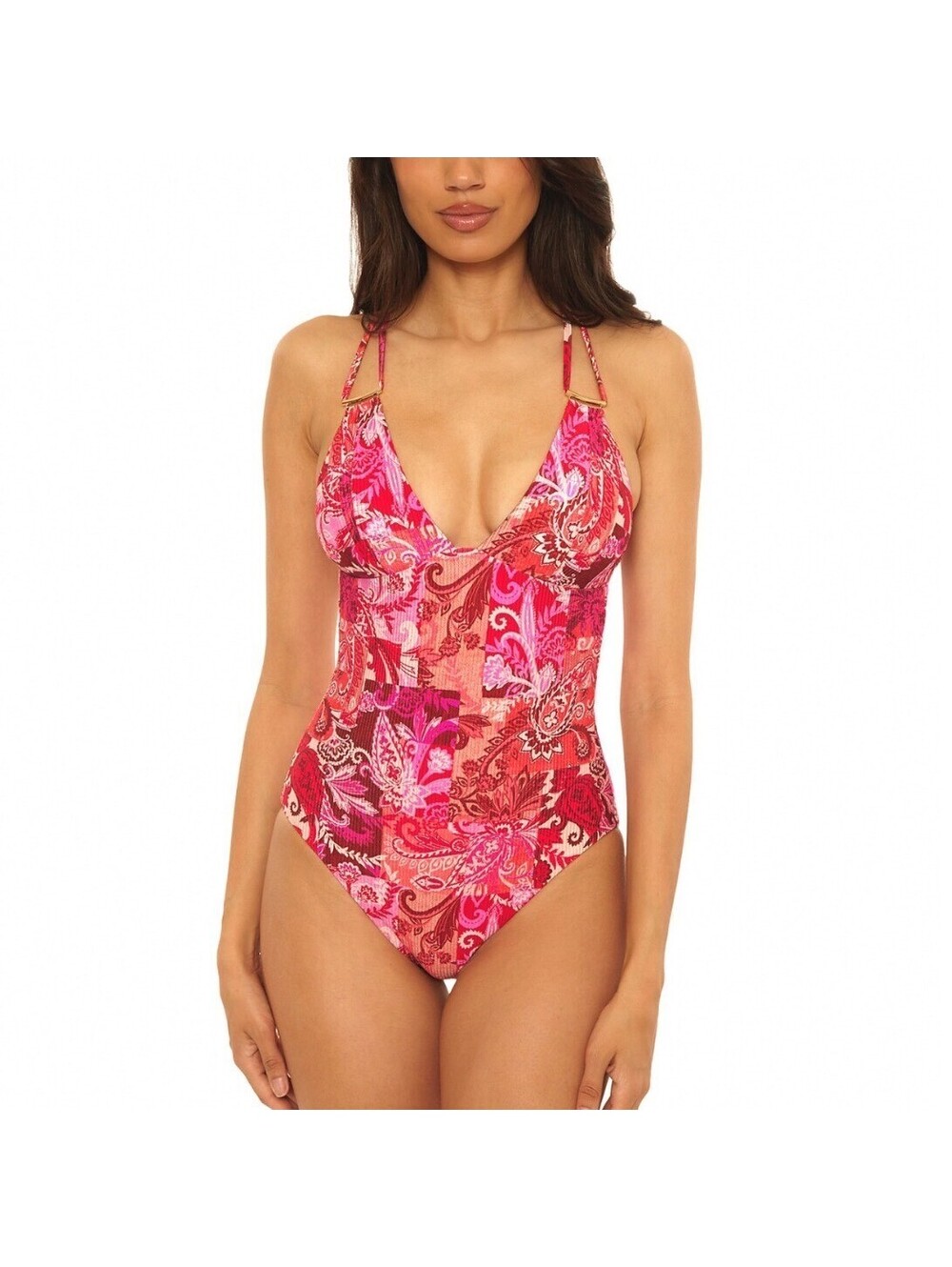 BECCA by Rebecca Virtue Bali Abigail Ribbed One Piece Swimsuit Multi Pink Small